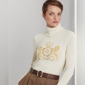 Ralph Lauren Black Label Cream Ribbed Turtleneck with embellished logo